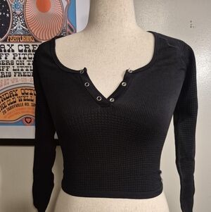 Waffle-Knit Long Sleeve Henley Open Back  Black Free People Movement XS / S